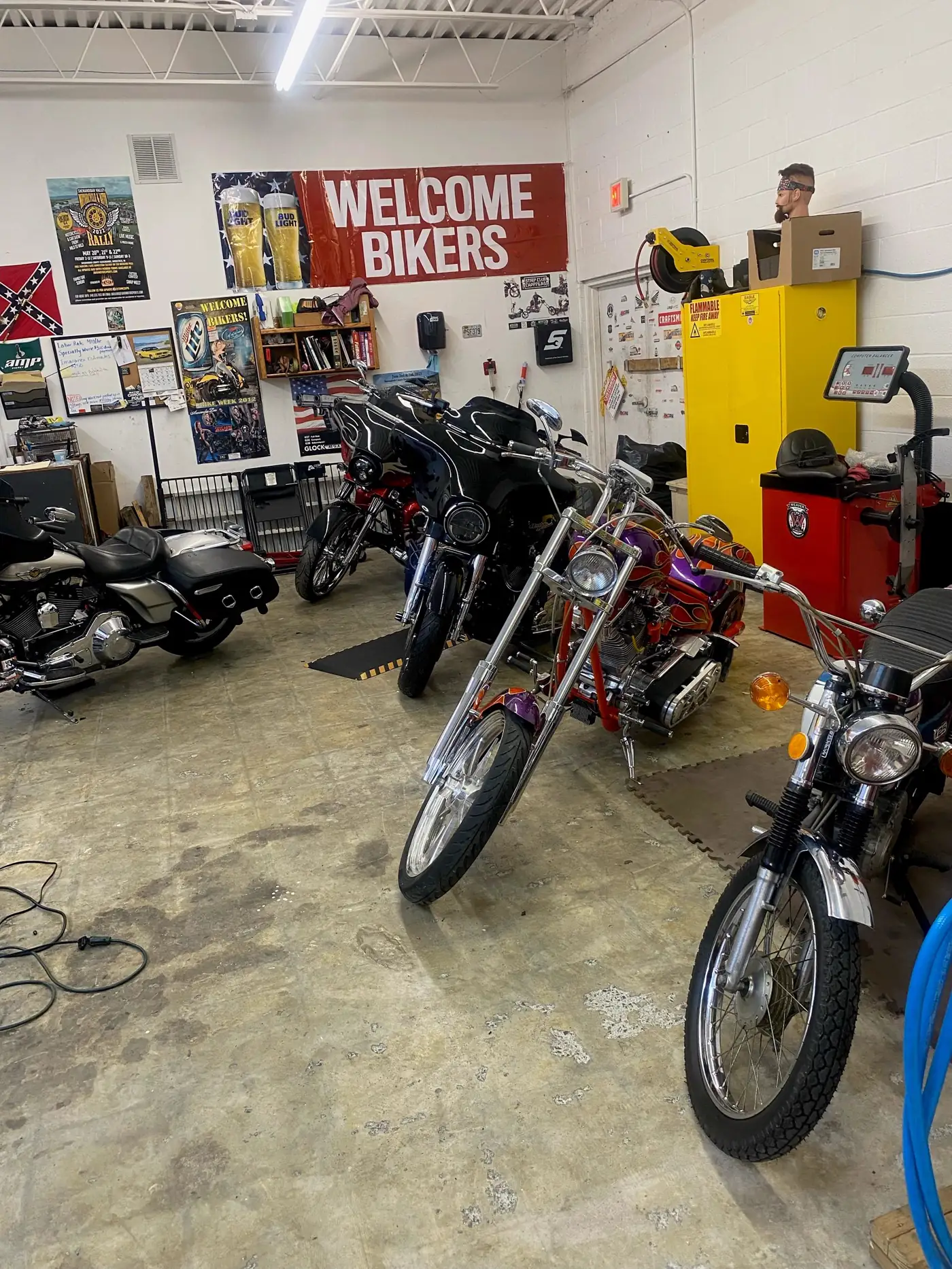 Custom motorcycles in the garage