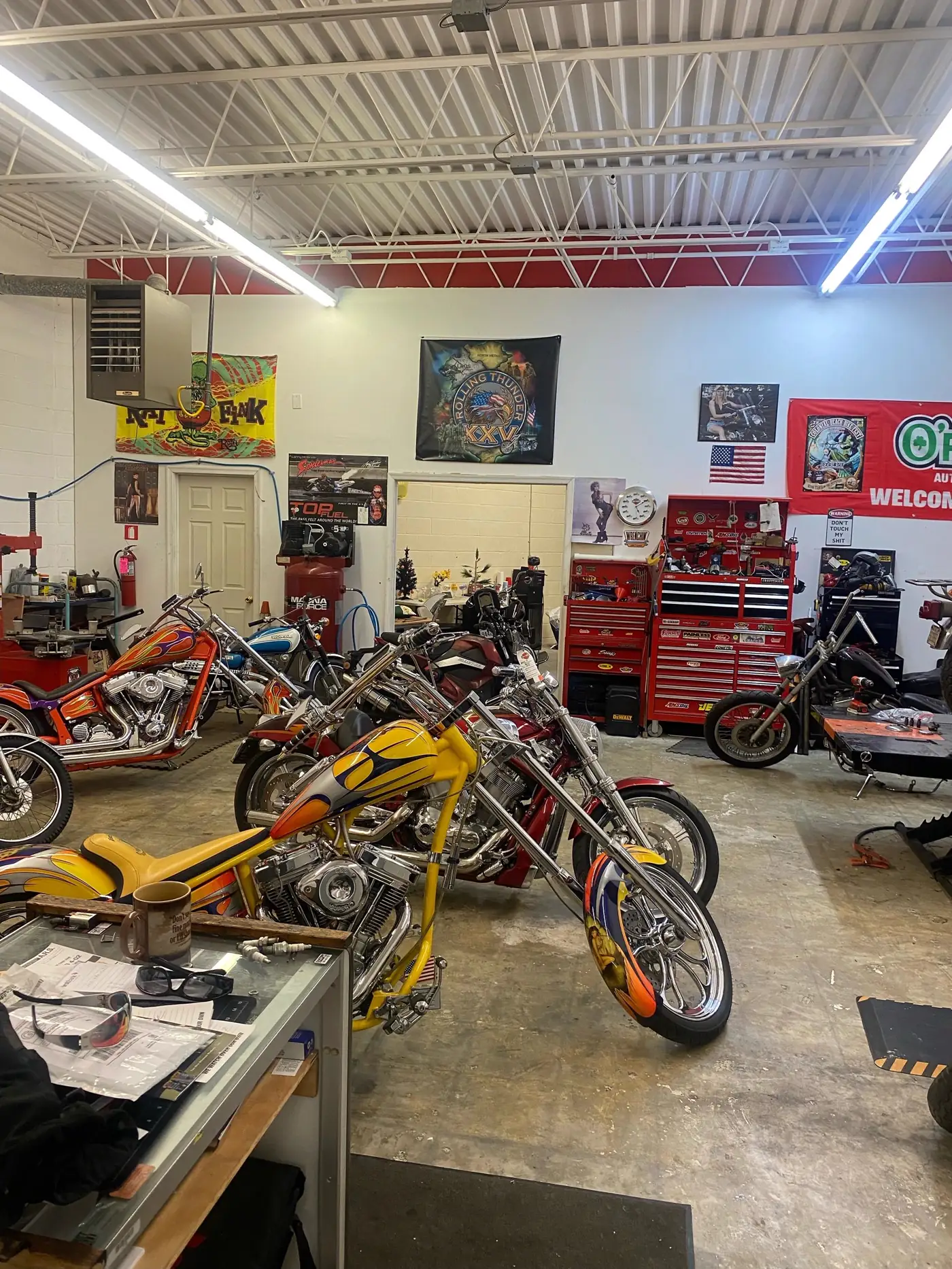 Custom bikes on the Wilkins Motorsports shop floor